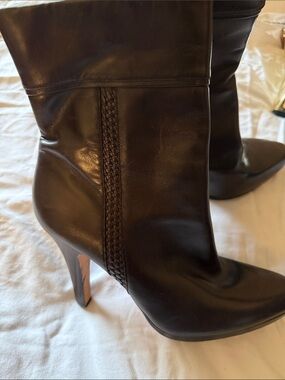 Cole Haan Black Leather Braided-Trim High Heel Boots